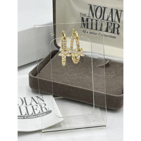 NOLAN MILLER Signed Flower Crystal Clear Bling CZ Gold tone Hoop Earrings New - Picture 2 of 12